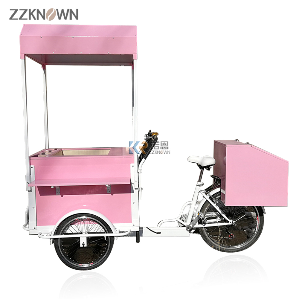 Pink Marshmallows Mobile Sweets Carts Street Garden Cart Food Delivery Bike Ice Cream Trailer with Cotton Candy Machine
